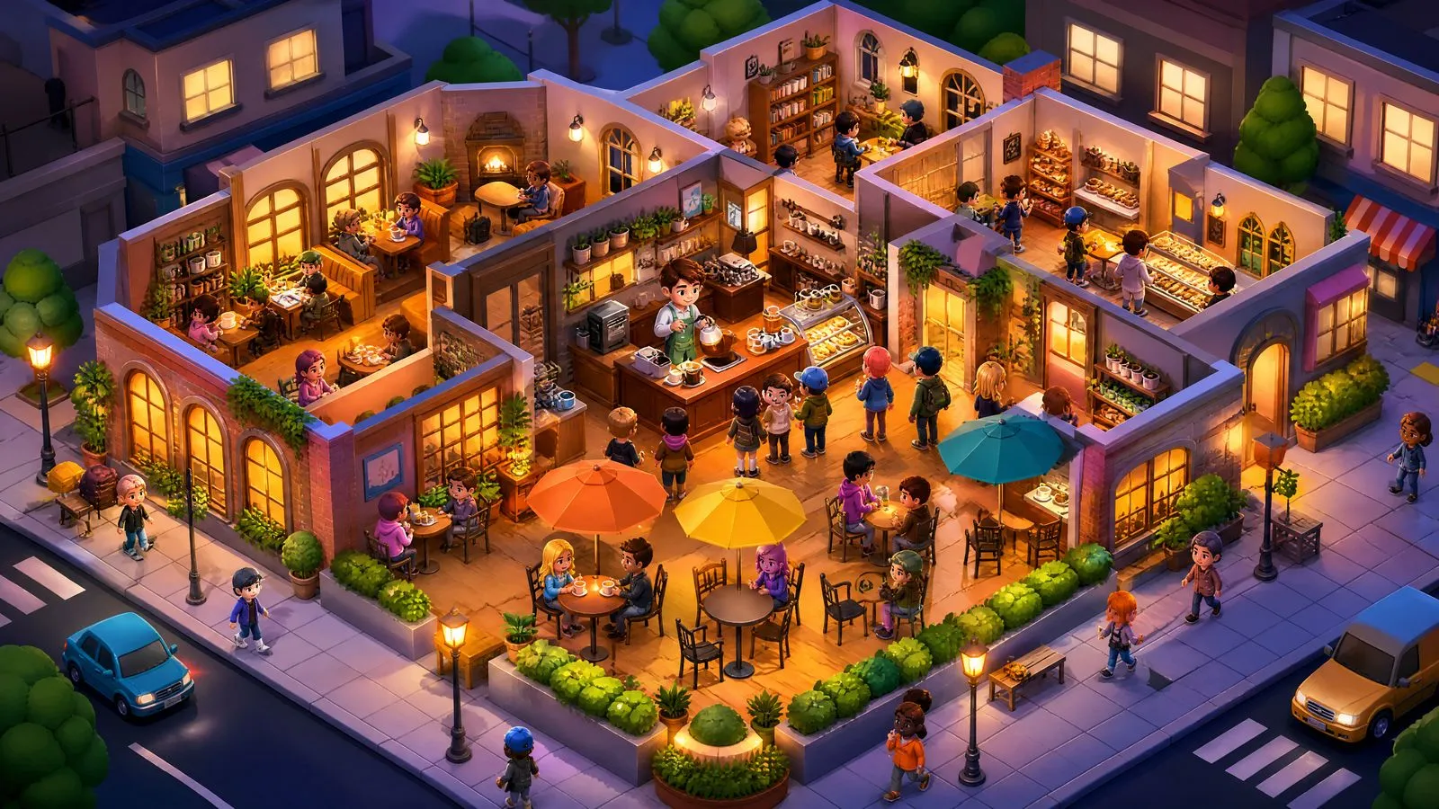 A café growing across a city block, customers inside