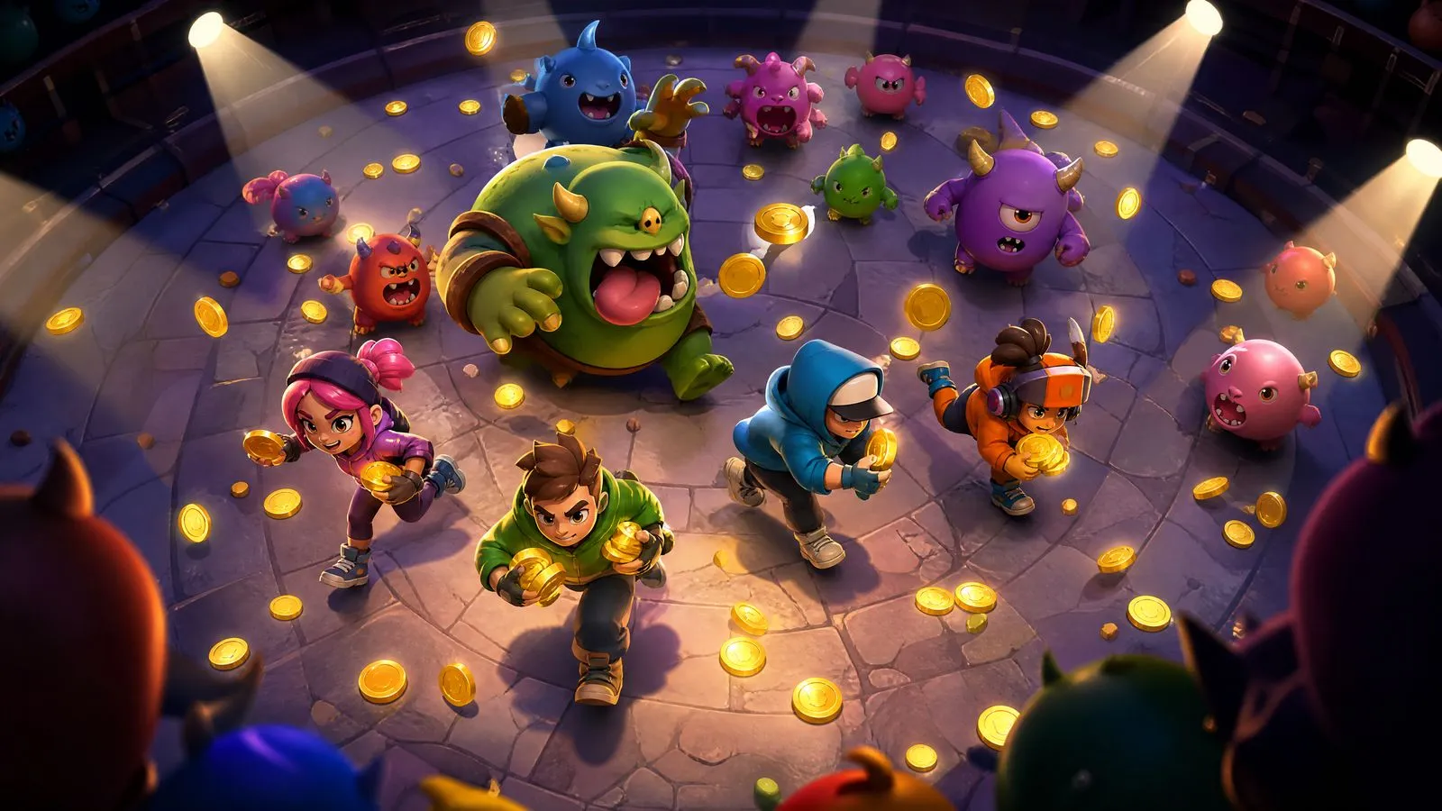Players racing for coins in an arena, monsters behind