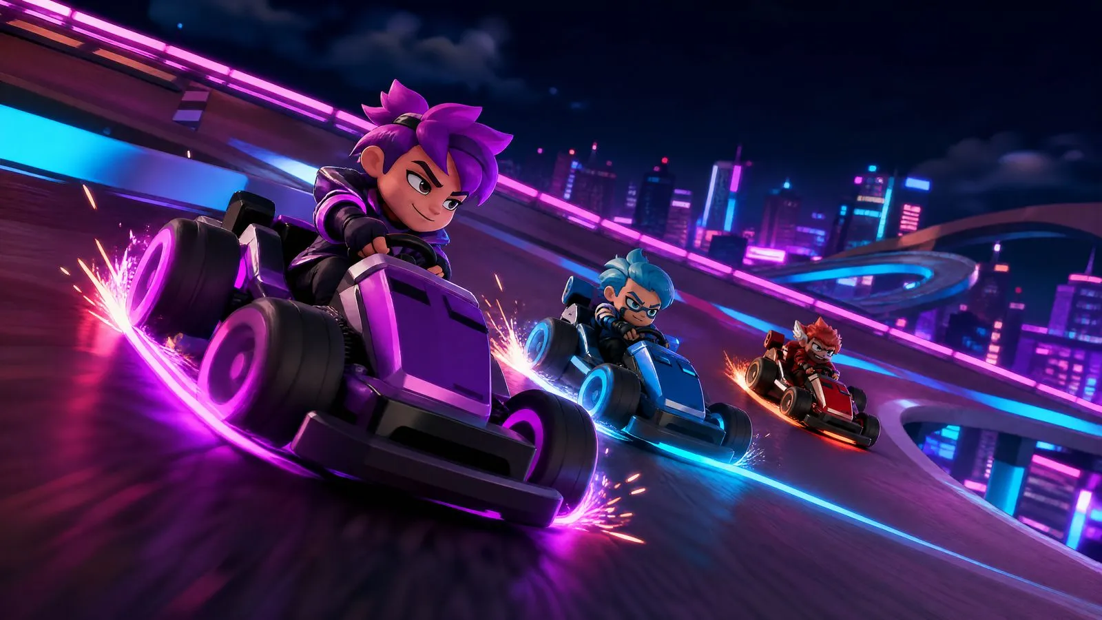 Karts drifting on a track above a city at night