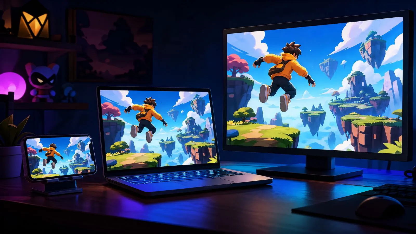The same game on a phone, a laptop and a desktop monitor