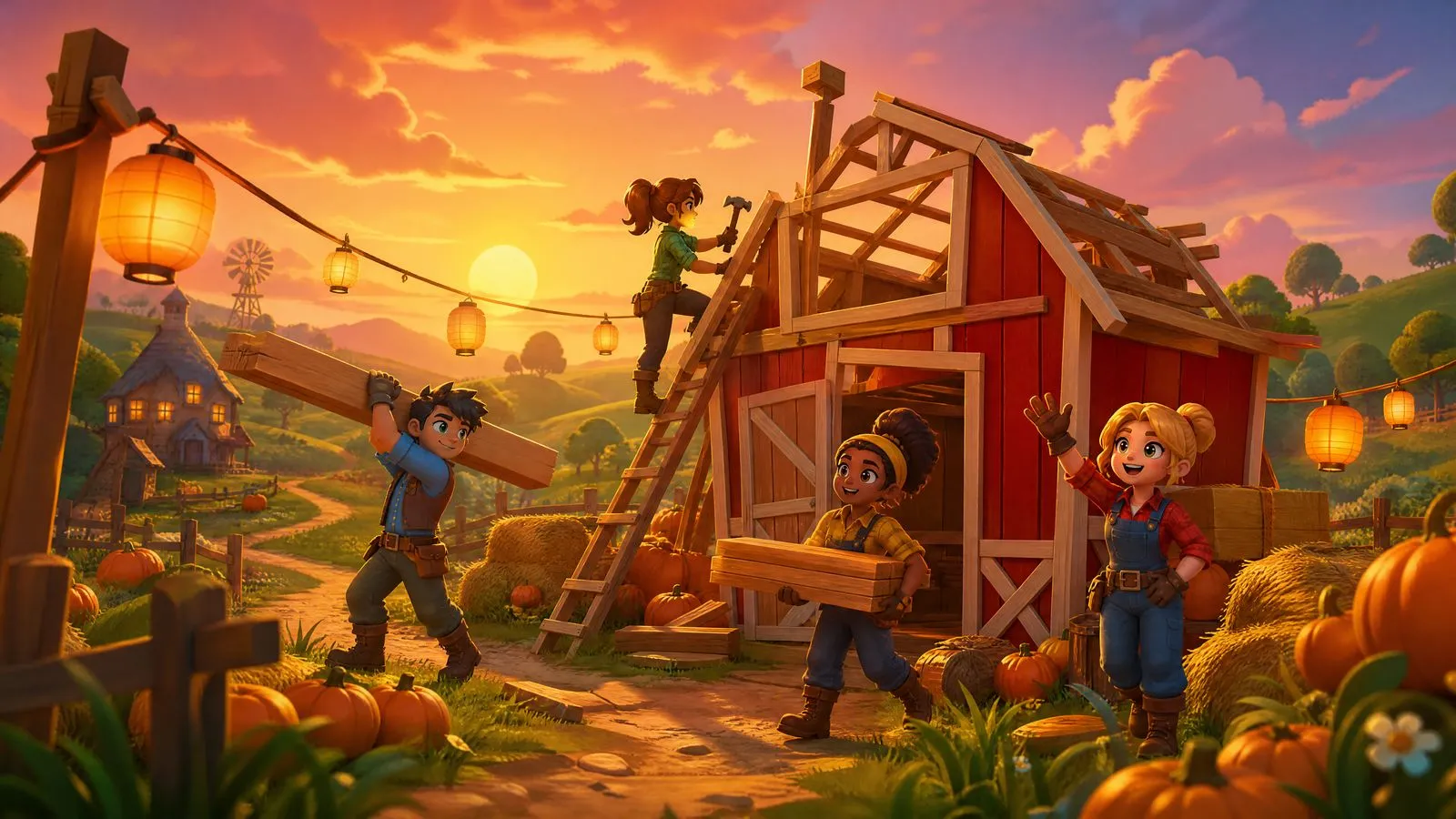 Four characters raising a barn in a farm village at dusk