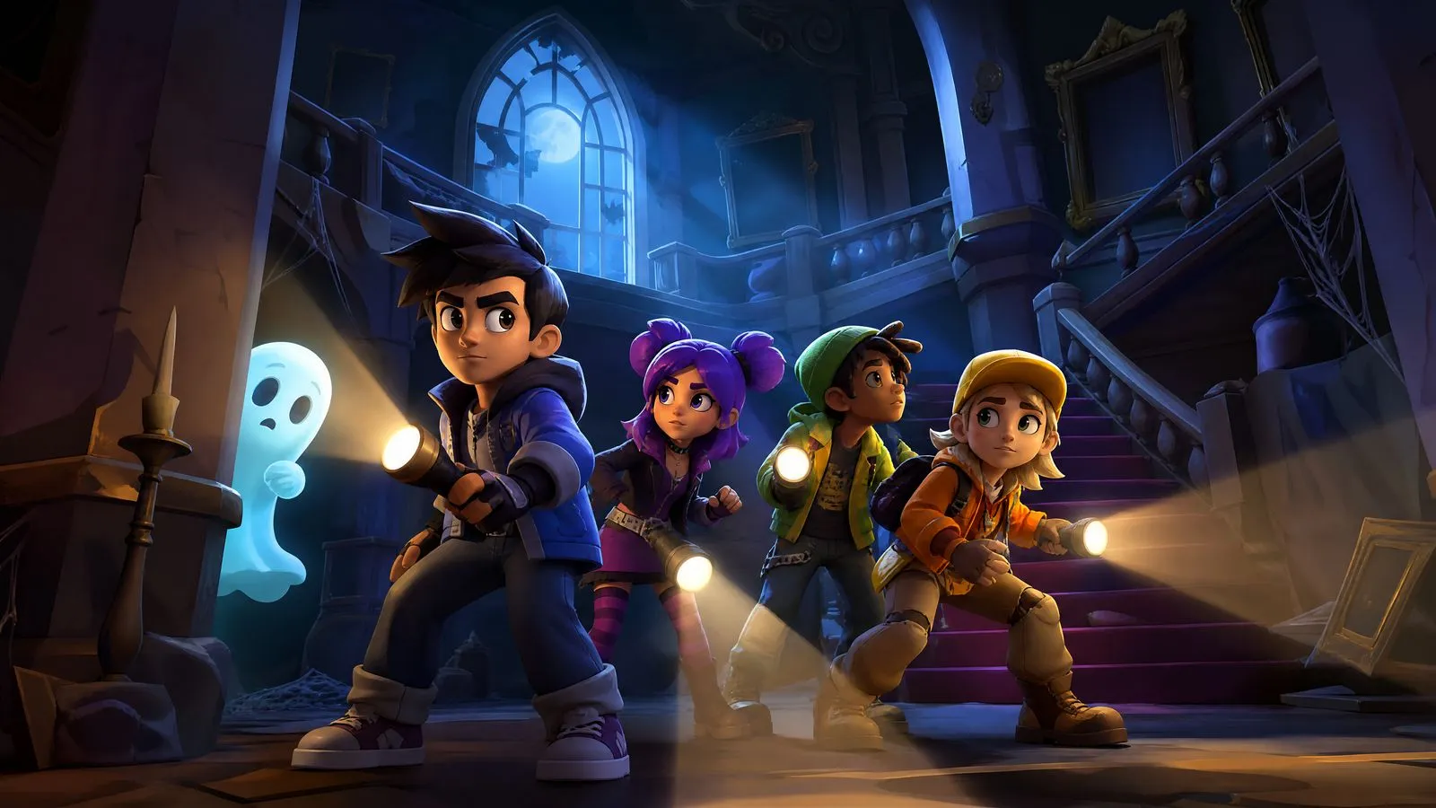 Four characters with flashlights in a haunted manor's foyer