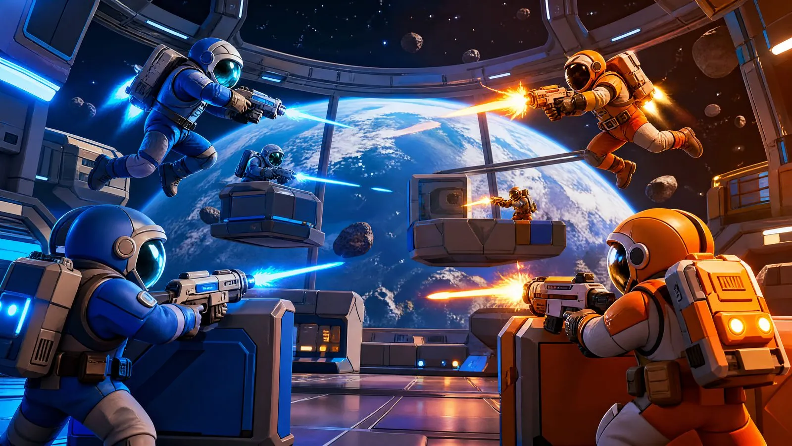 Two teams in colored suits on a space station, Earth below
