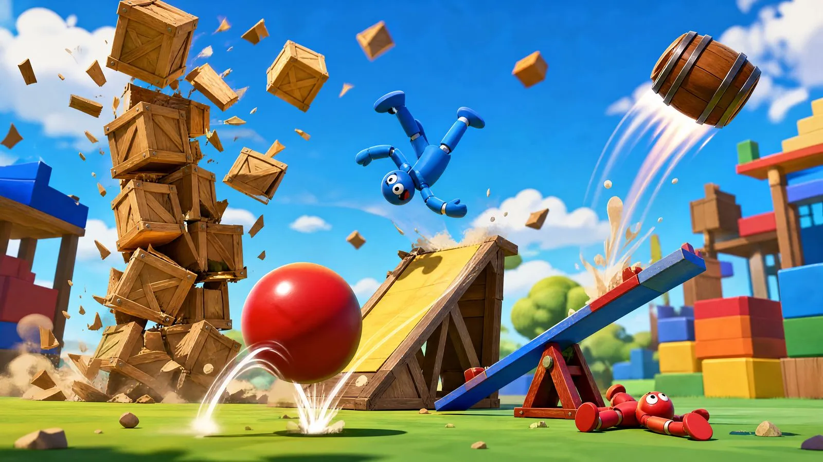 A tower of crates toppling as a ball bounces through