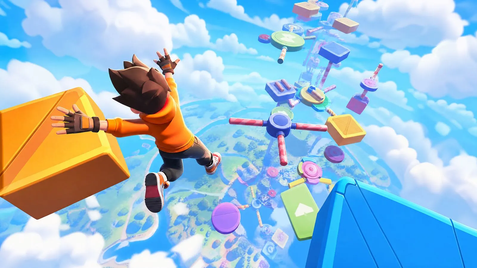 A character mid-jump between floating platforms in the clouds