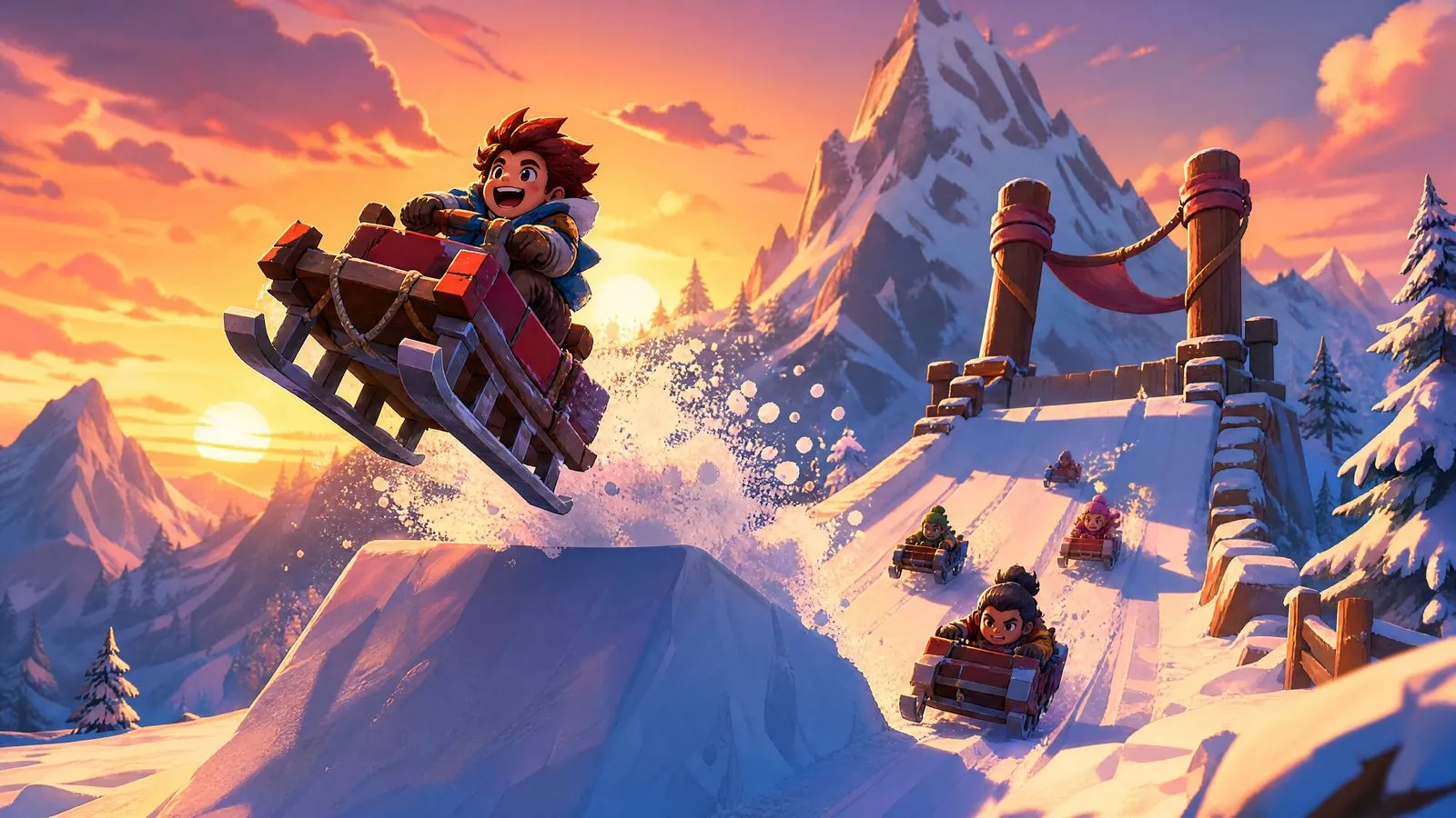 A sled launching off a snowy ramp at sunset
