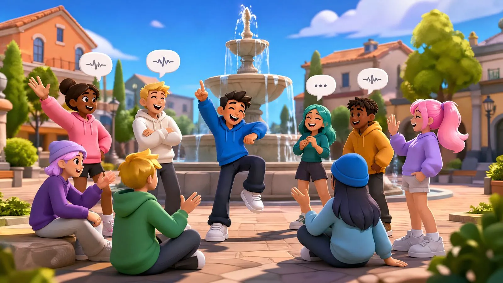 Eight characters gathered in a plaza, talking